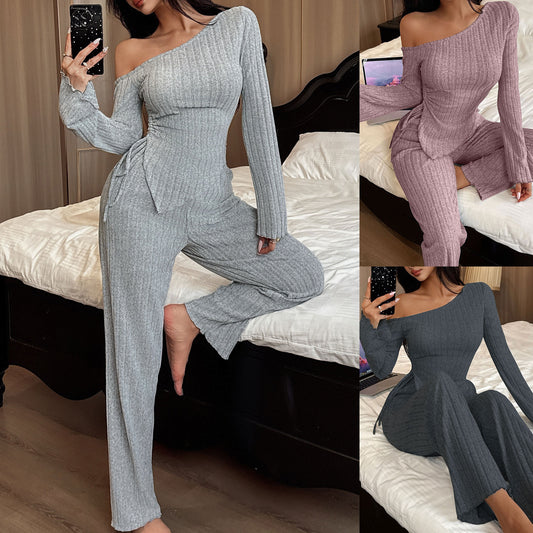 Fashion Sexy Off-the-shoulder Irregular Long Sleeve Trousers Homewear Suit