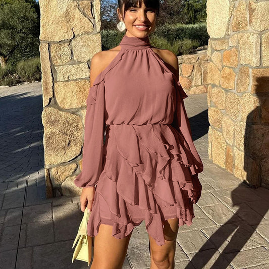 Elegant Chiffon Halterneck Off-shoulder Long-sleeve High-waisted A-line Dress