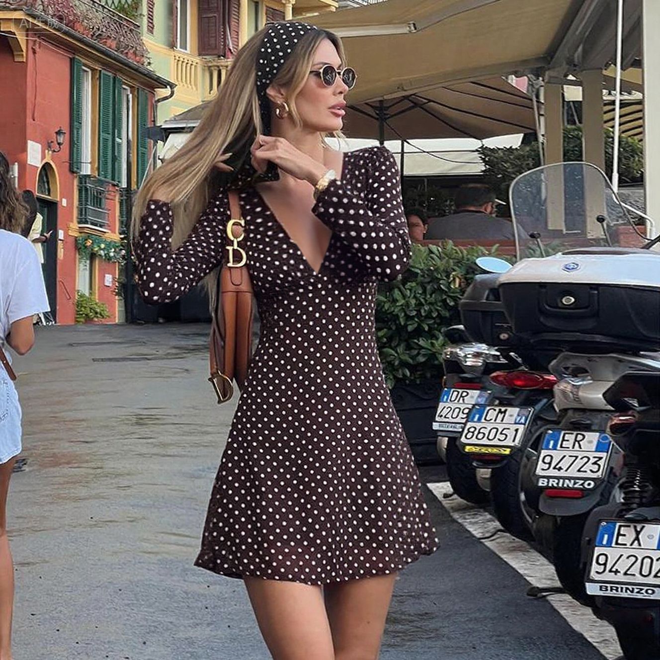 European And American Style V-Neck Polka-Dot Long-Sleeve Dress