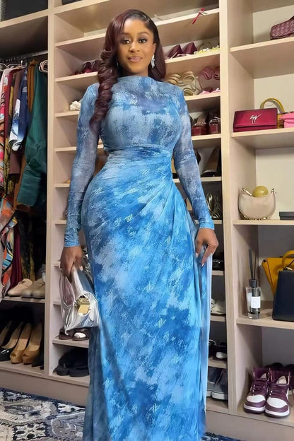 Printed Mesh Maxi Dress With Long Sleeves