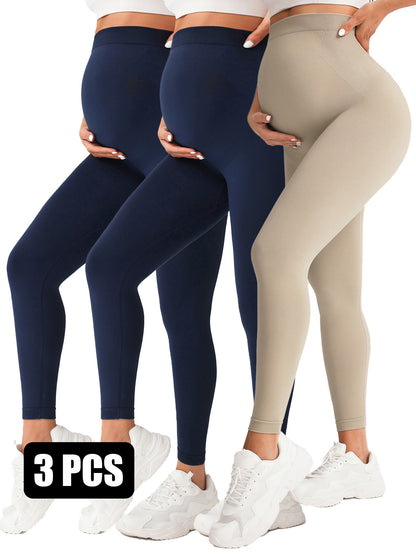 3 Pack Maternity High-Waisted Seamless Yoga Pants For Women - Tummy Support Fitness Leggings