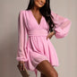 Bubble-sleeve High-waisted V-neck Long-sleeve Dress