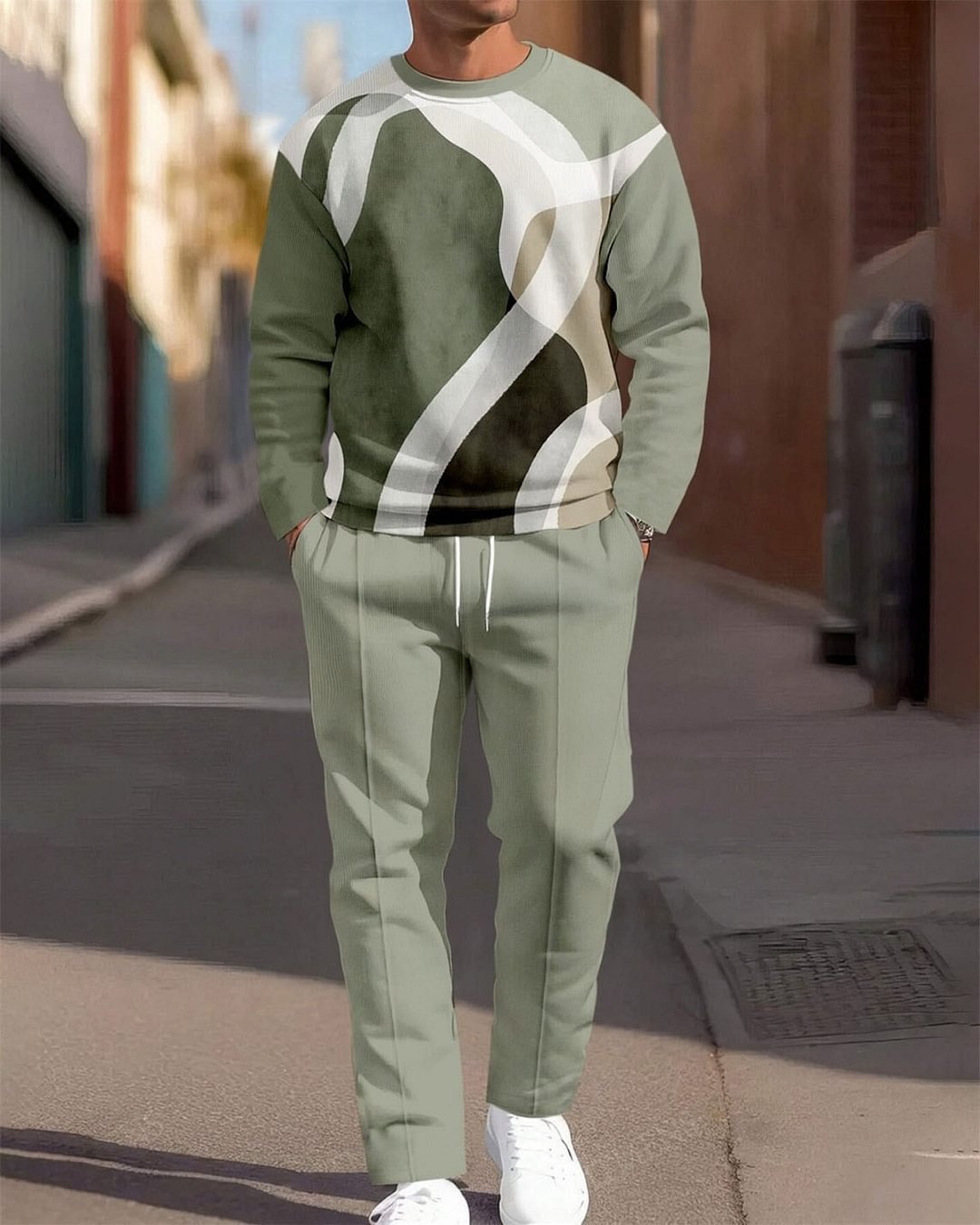 Fashion Line Printing Men's Round Neck Suit