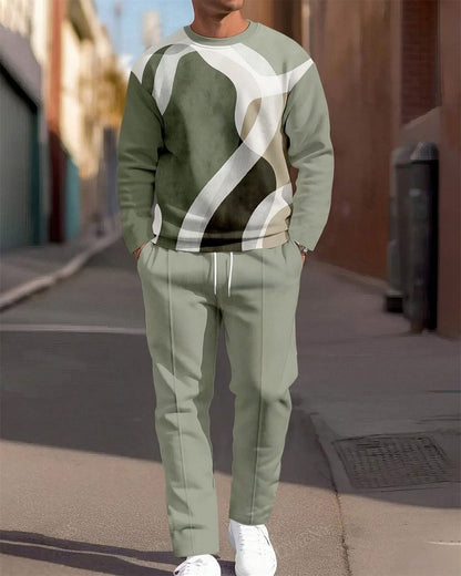 Fashion Line Printing Men's Round Neck Suit