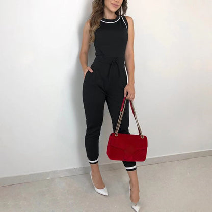 Round Neck Sleeveless Vest Contrast Color Jumpsuit