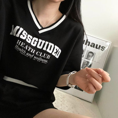 V-neck Women's Short-sleeved Shorts Two-piece Set Solid Color