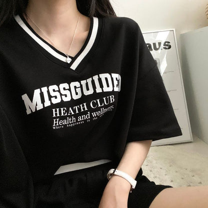 V-neck Women's Short-sleeved Shorts Two-piece Set Solid Color