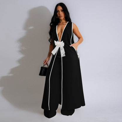 Camellia Bowknot Sleeveless Long Tank Dress And Wide Leg Pants Set