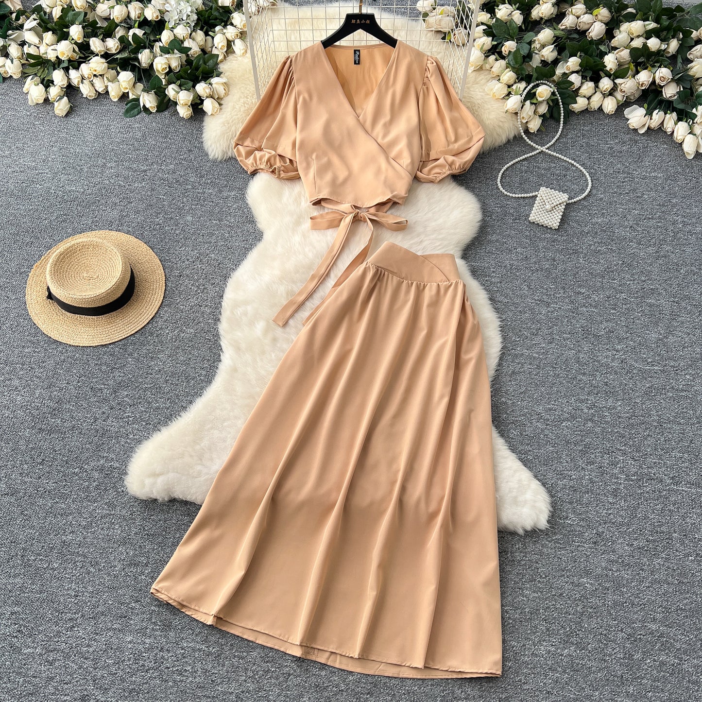 Lace-up V-neck Puffed-sleeve Shirt With A High-waisted Skirt