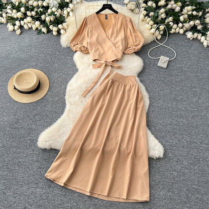 Lace-up V-neck Puffed-sleeve Shirt With A High-waisted Skirt