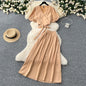 Lace-up V-neck Puffed-sleeve Shirt With A High-waisted Skirt