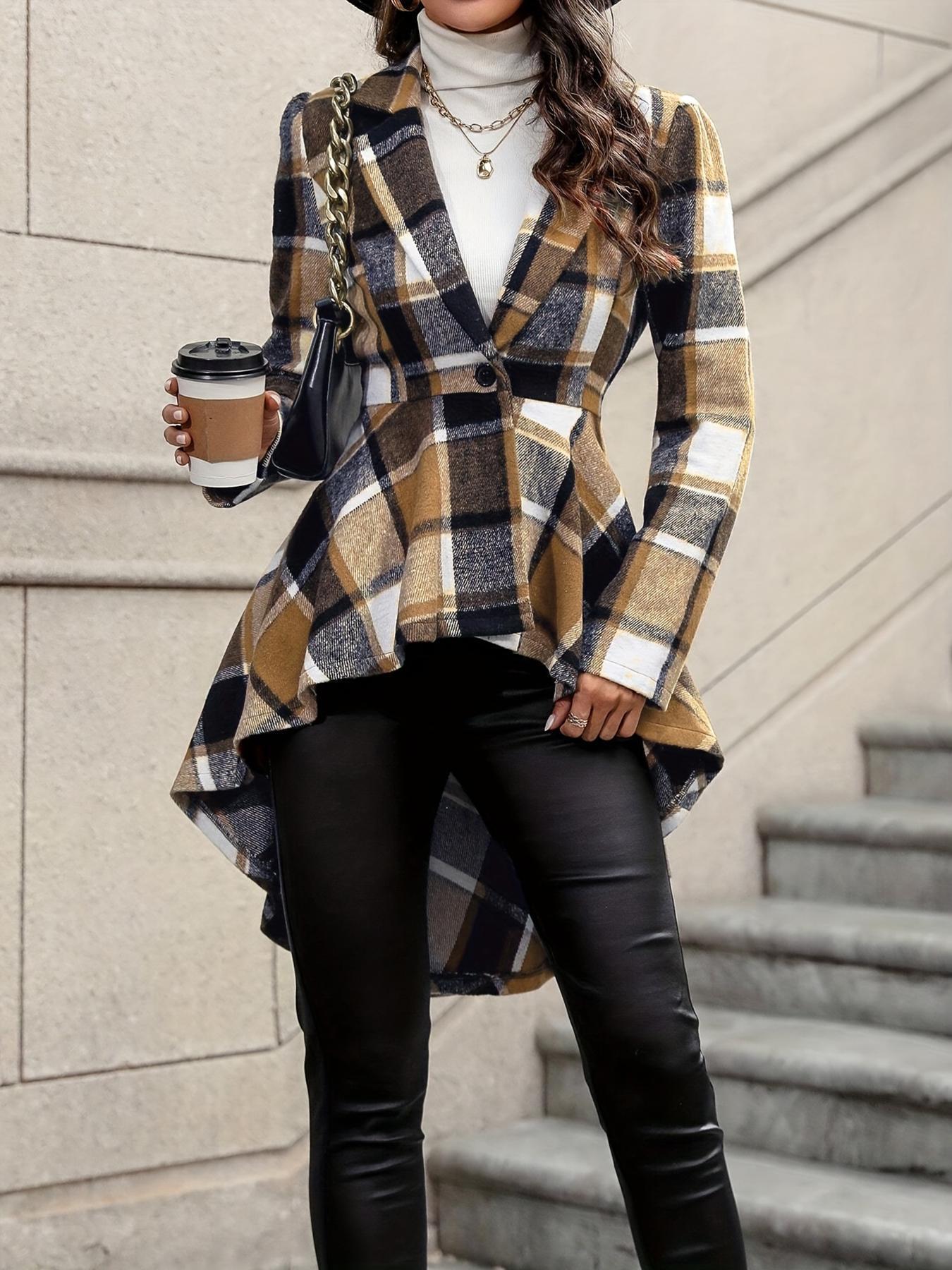 Plaid Pattern Button Front Jacket Long Sleeve High And Low Flared Jacket