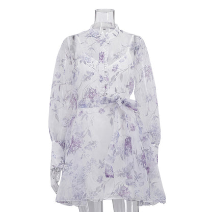 Stand-collar Long-sleeve Tie-front Printed Dress
