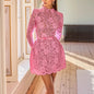 Lace Sheer Cutout Belted Slim-fit Long-sleeve Mini Dress