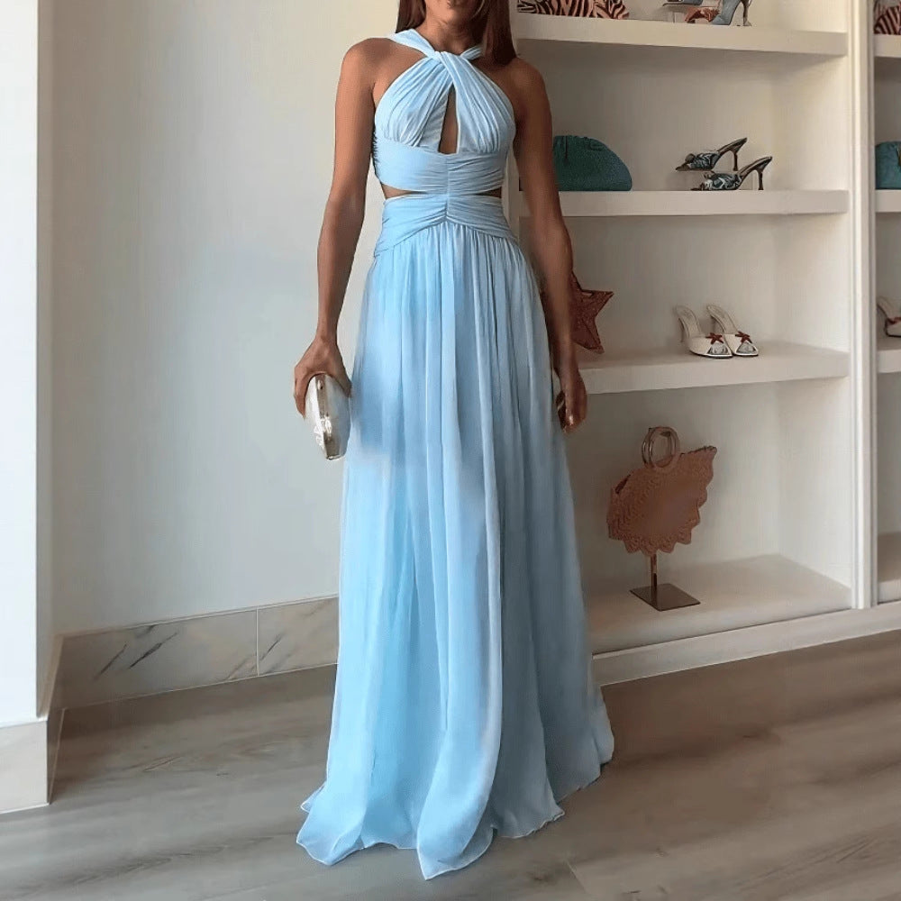 Womens Fashion Lace-up Sleeveless Maxi Halter Dress