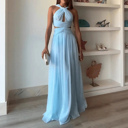 Womens Fashion Lace-up Sleeveless Maxi Halter Dress