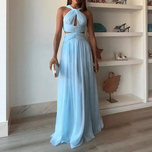 Womens Fashion Lace-up Sleeveless Maxi Halter Dress