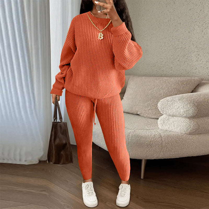 Winter Ribbed Knit Suits Fashion Loose Pullover Sweater Top And Drawstring Pants For Women Trouser Set Clothing