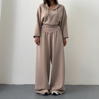 Womens Casual Set V-neck Hoodie Top And Pants