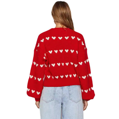 Sweet Cute Love Heart Two-tone Jacquard Contrast Color Round Neck Long Sleeve Sweater