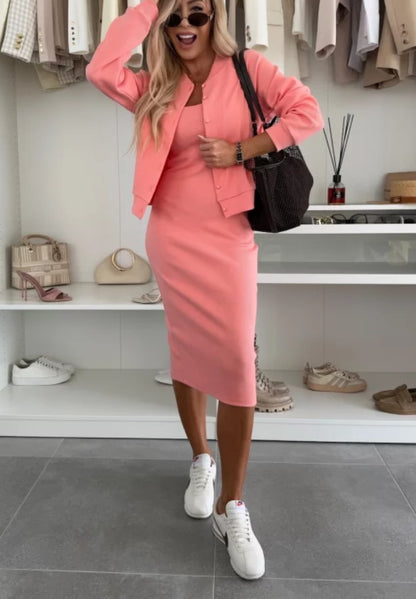 Solid Color Sling Dress Cardigan Outerwear Top Long Skirt Two-piece Set