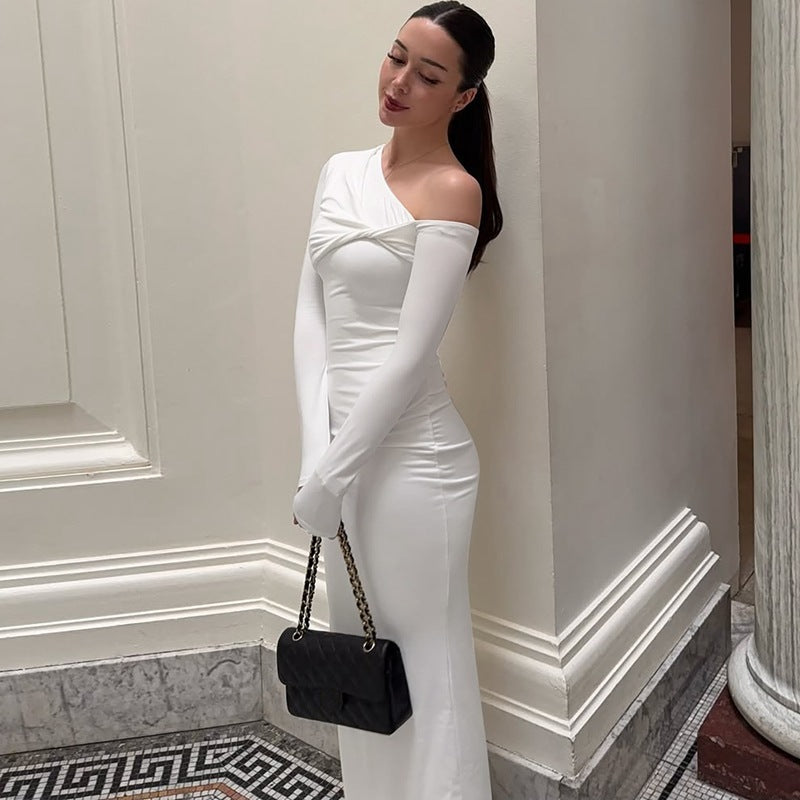 Women's Fashion Slim-fit Slant Shoulder Twist Solid Color Dress