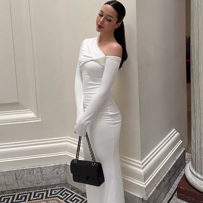 Women's Fashion Slim-fit Slant Shoulder Twist Solid Color Dress
