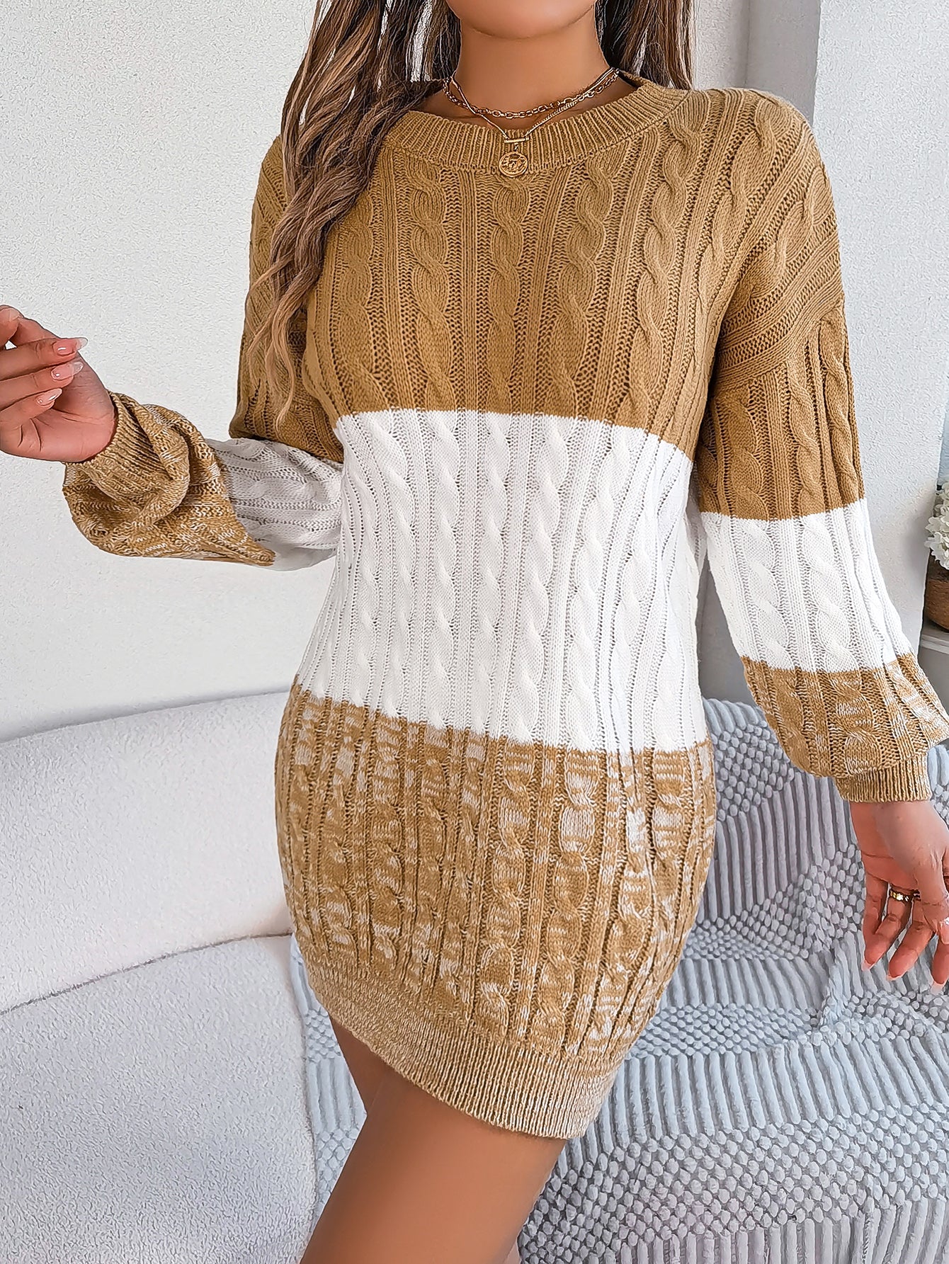 Casual Color Block Cable Knit Lantern Sleeve Sweater Dress