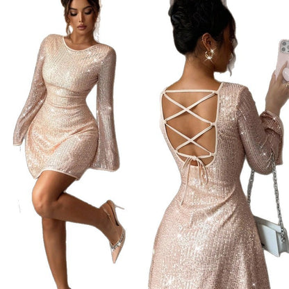 Body Hugging Backless Strap Detail Sequin Long Sleeve Dress