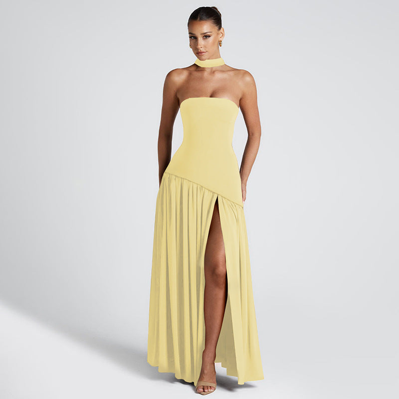 Pure Color Split Backless Elegant Streamer Dress