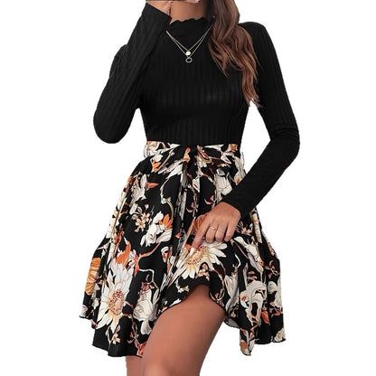 Long Sleeve Round Neck Belt Dress Fashion