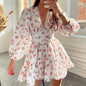 Women's Floral Puff Sleeve Mini Dress - V-Neck Ruffle Hem Casual Holiday Dress
