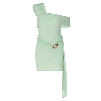 Off-shoulder Pleated Ribbon Tight High Waist Dress