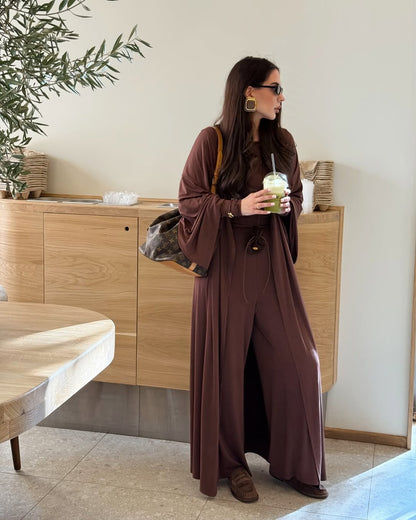 Casual Long Coat, Long-sleeve T-shirt, And High-waisted Long Pants Three-piece Set