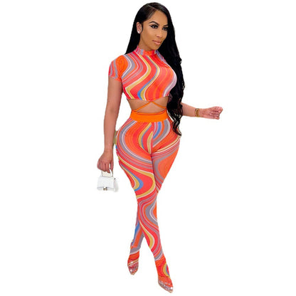 Printed Lace Up Body Stocking Casual Suit Tie-dye Waist Tether Short Sleeve Mesh Pantyhose