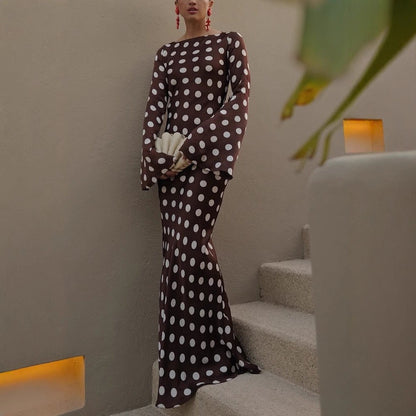 Polka-dot Round-neck Long-sleeve Flared-sleeve Dress