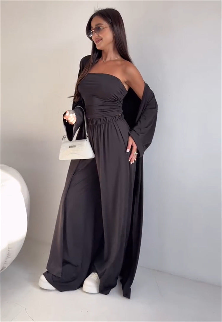 Casual Loose Cardigan Straight-leg Pants Tube Top Suit