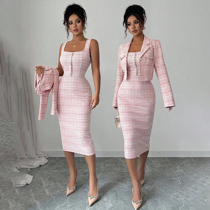 Women's Clothing Skirts Suit Lapel Long Sleeve Short Plaid Jacket