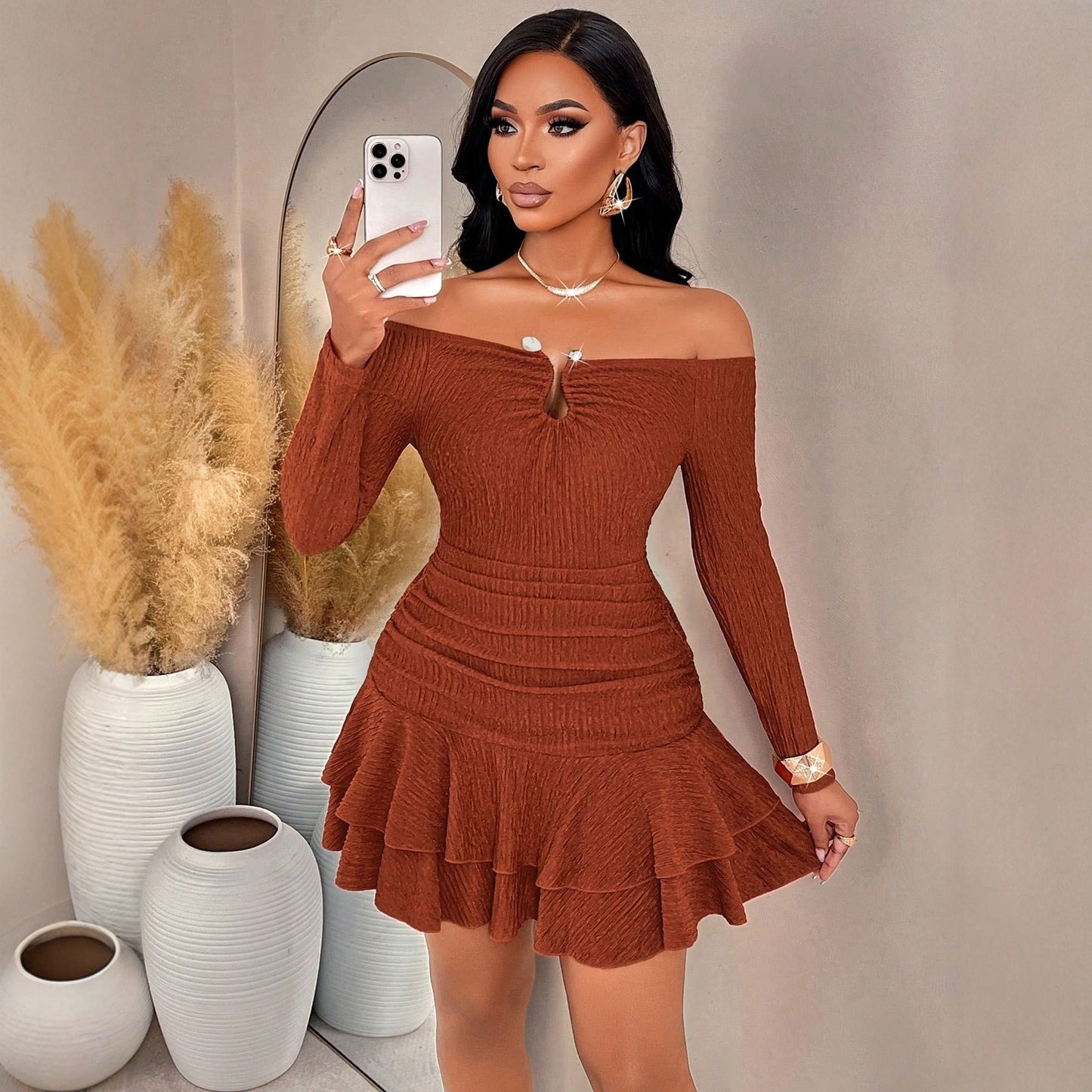 Off-the-shoulder Long-sleeve Waist-cinching Ruffle-trimmed Mini Skirt
