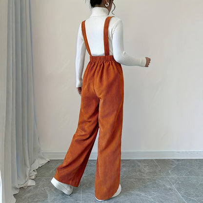 Corduroy Loose Straight Bib Pants Women