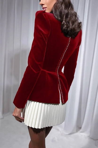 Long-sleeve Color-blocked Pleated Hem Velvet Mini Skirt