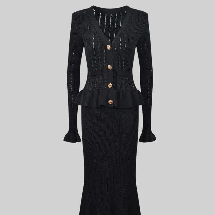 French-style Socialite High-end V-neck Knitted Two-piece Set, Fashionable Cardigan And Long Skirt Set With Buttoned Pencil Skirt