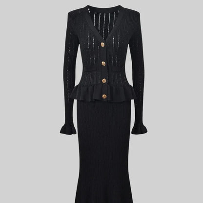 French-style Socialite High-end V-neck Knitted Two-piece Set, Fashionable Cardigan And Long Skirt Set With Buttoned Pencil Skirt