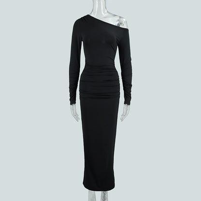 Women's OffshoulderLong-sleeve Figurehugging Pleated Maxi Dress