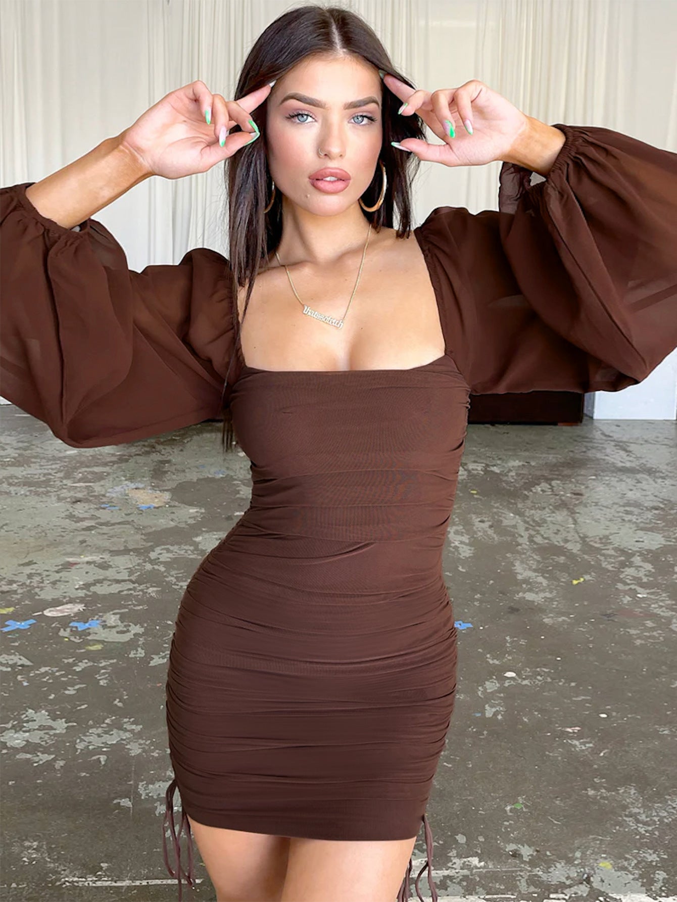 Sexy Deep V Hollow-out Knot Women's Pleated Bodycon Dress