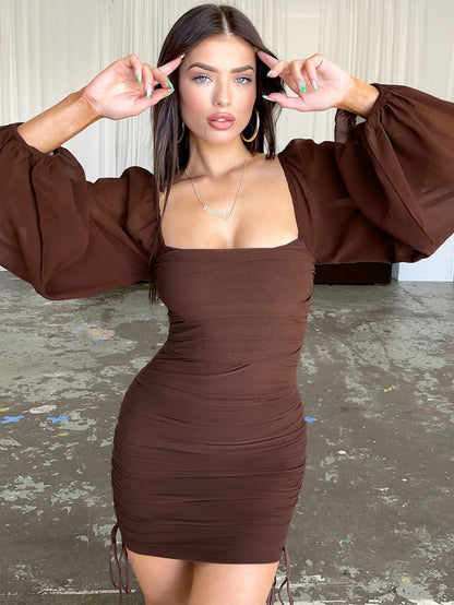 Sexy Deep V Hollow-out Knot Women's Pleated Bodycon Dress