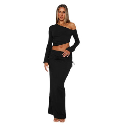Women's Fashionable Off-shoulder Top And Skirt Two-piece Set