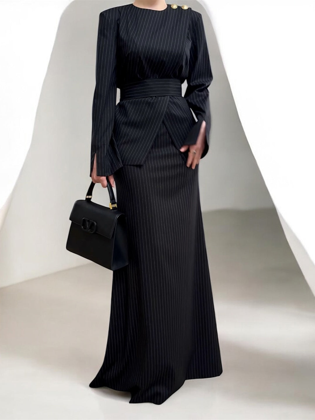 Black Pinstripe Maxi Dress With Structured Waist And Gold Button Accent