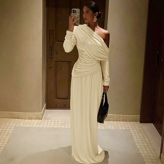 Women's Fashion Sexy Diagonal Collar Pleated Waist Tight Solid Color Dress