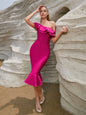 European And American Fashionable Off-shoulder Bandage Dress Ruffled Off-shoulder Evening Dress